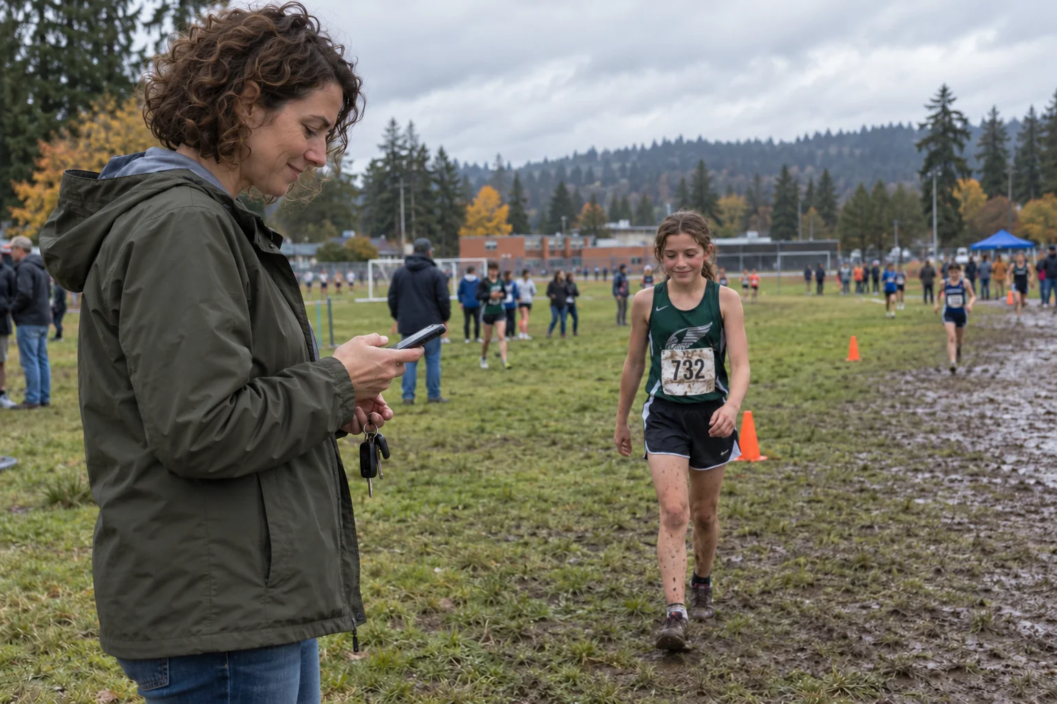 A mom checking the schedule at a cross-country meet