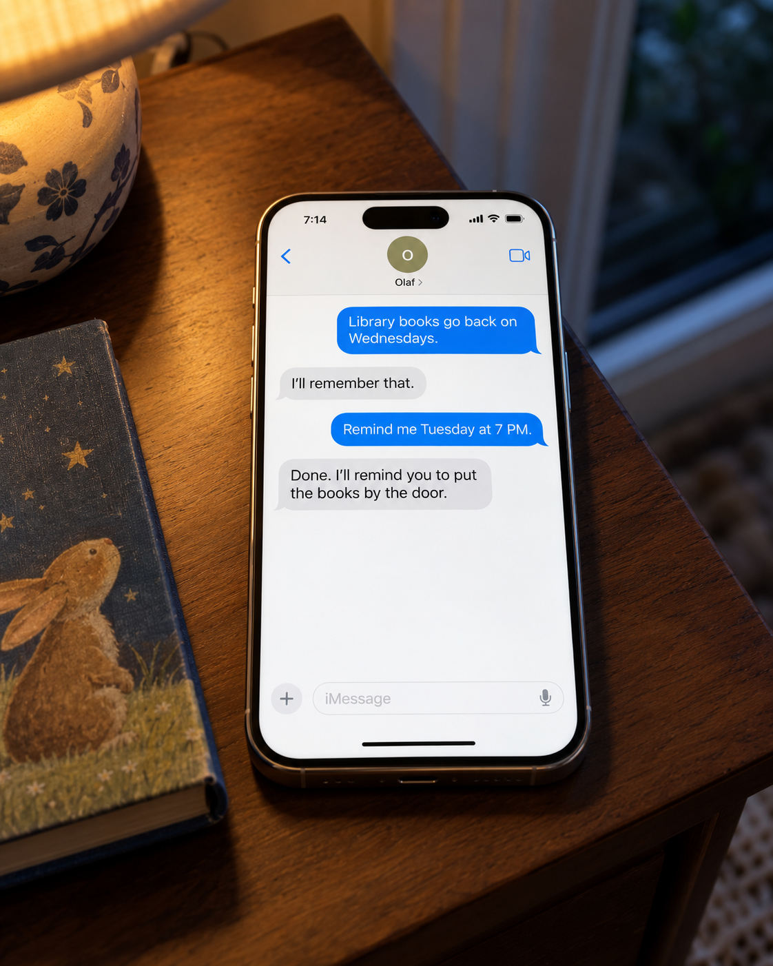 Phone showing Olaf remembering library day and setting a reminder